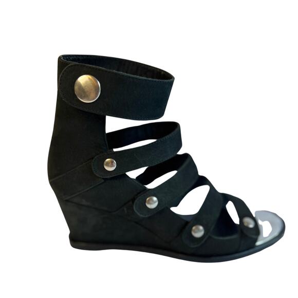 OPENING CEREMONY Black Leather Strappy Snap Button Wedge Sandal Size 7.5 /38 - Picture 1 of 8